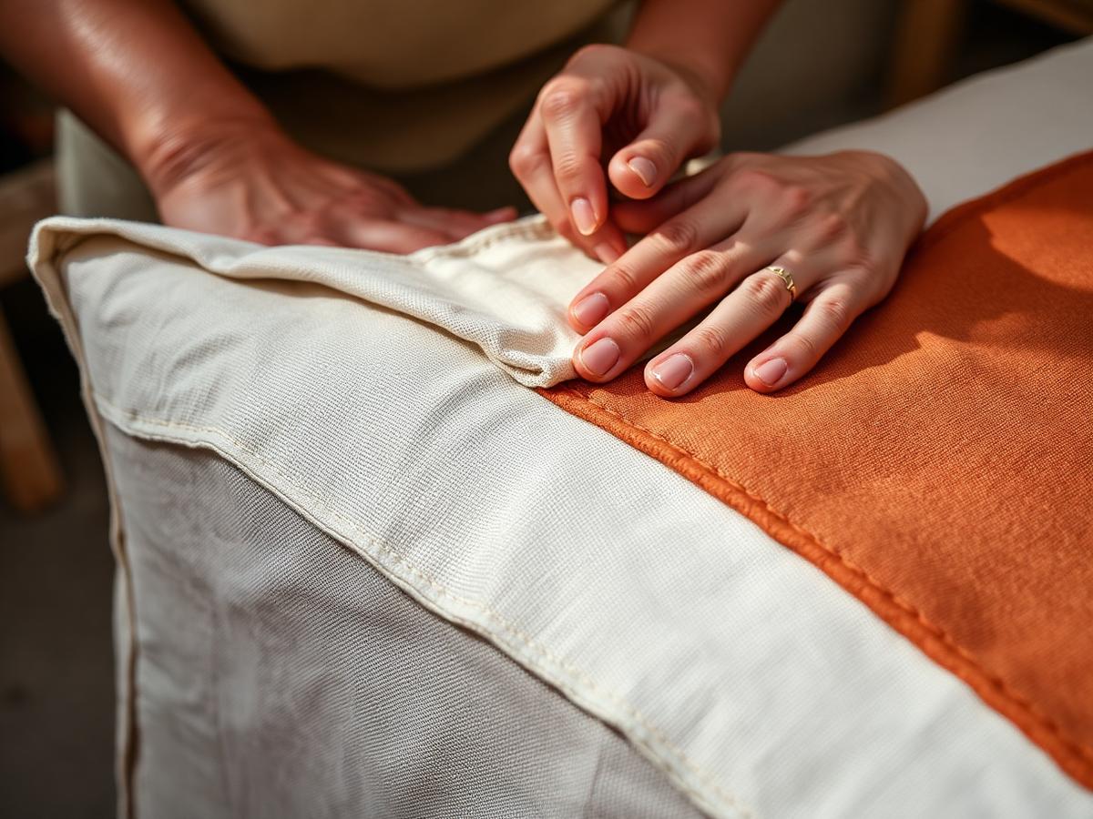 Detalle artesano cosiendo el ribete del cabecero